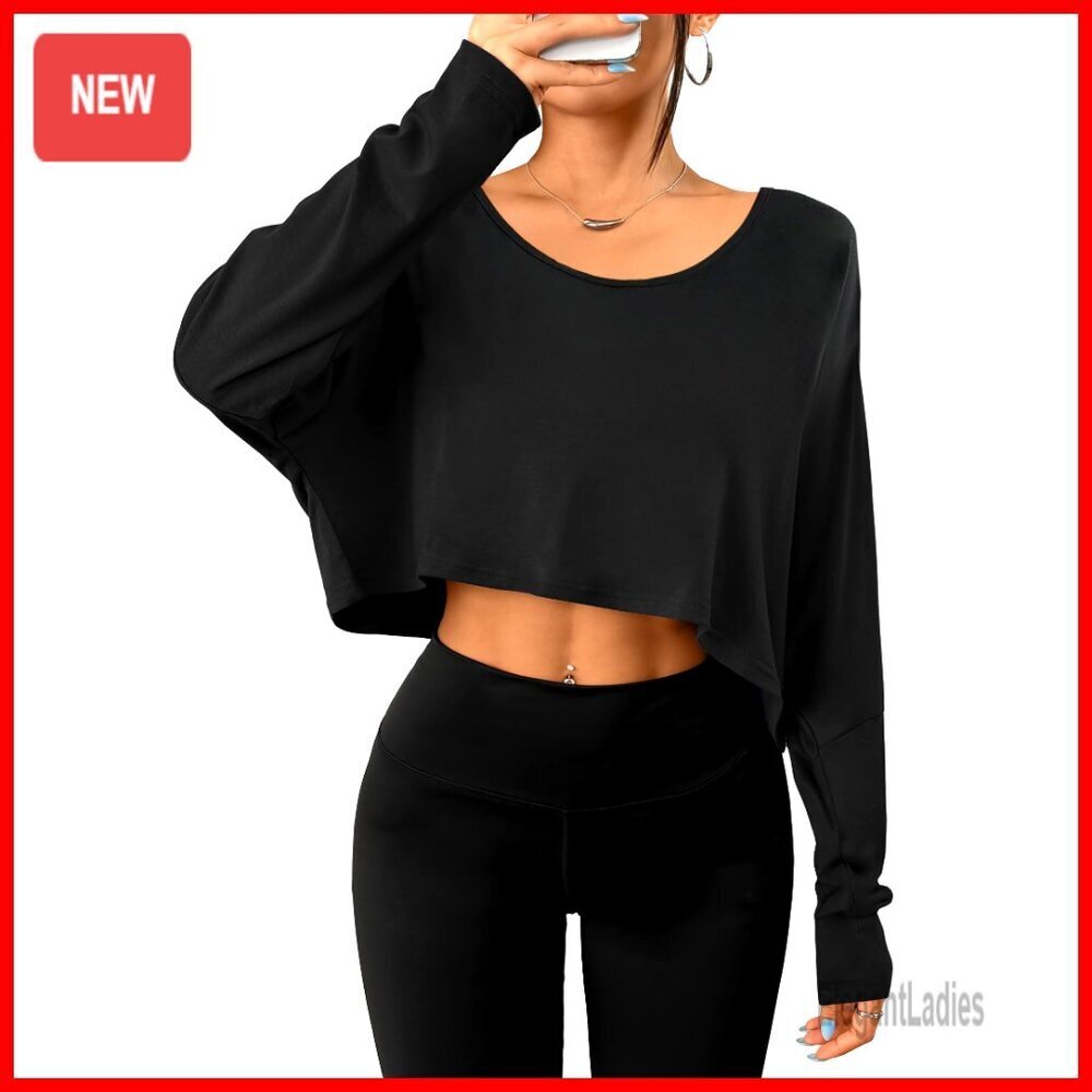 Oversized Batwing Crop Top Long Sleeve Crewneck T-Shirt Loose Fit